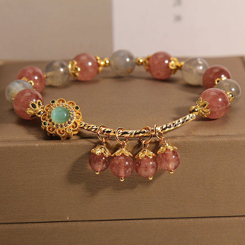 Mondstein-Armband mit Erdbeerquarz, 14–16 cm, Heil-Charme