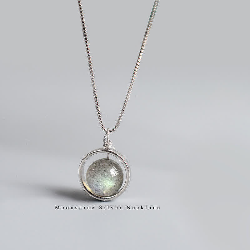 Mondstein Halskette Anhänger 925 Sterling Silber Liebe Planet drehbar
