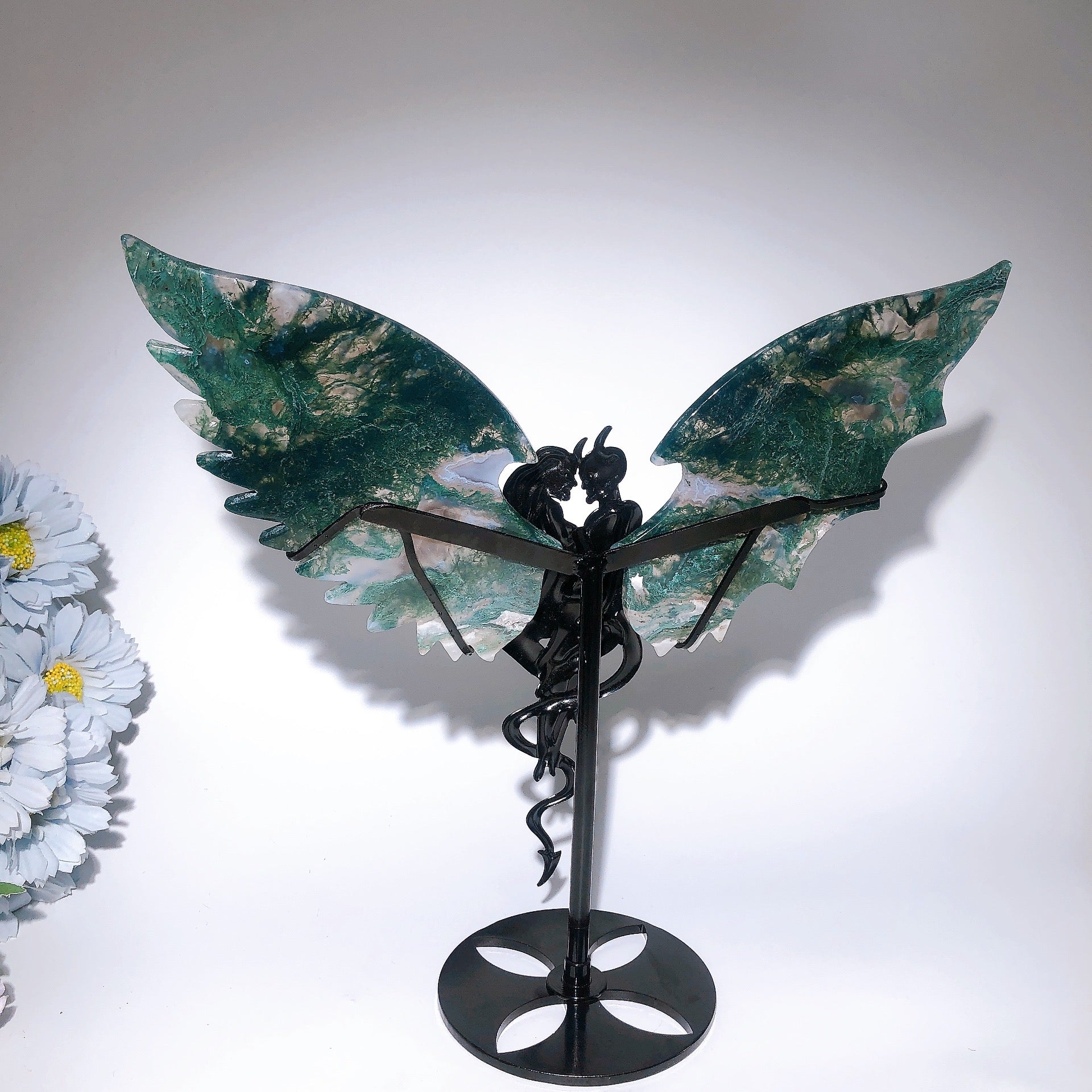 Moss Agate Devil Couple Wings Crystal Figurine 28cm