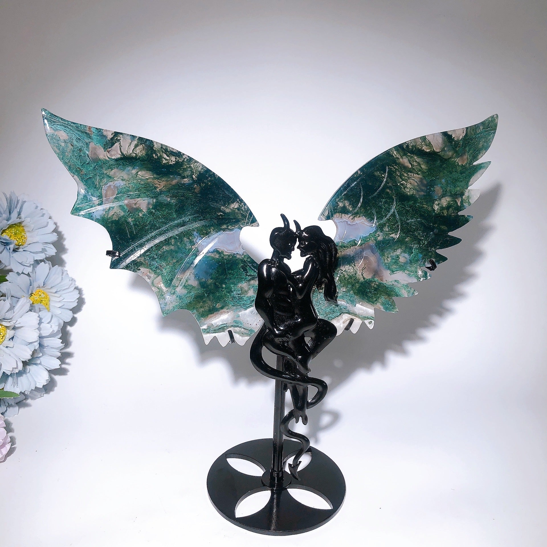 Moss Agate Devil Couple Wings Crystal Figurine 28cm