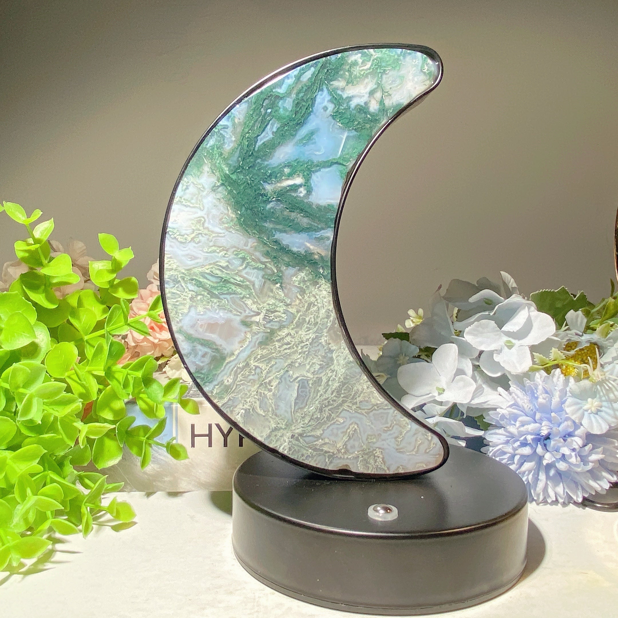Moss Agate & Fluorite Heart Moon Crystal Lamps USB Touch Light