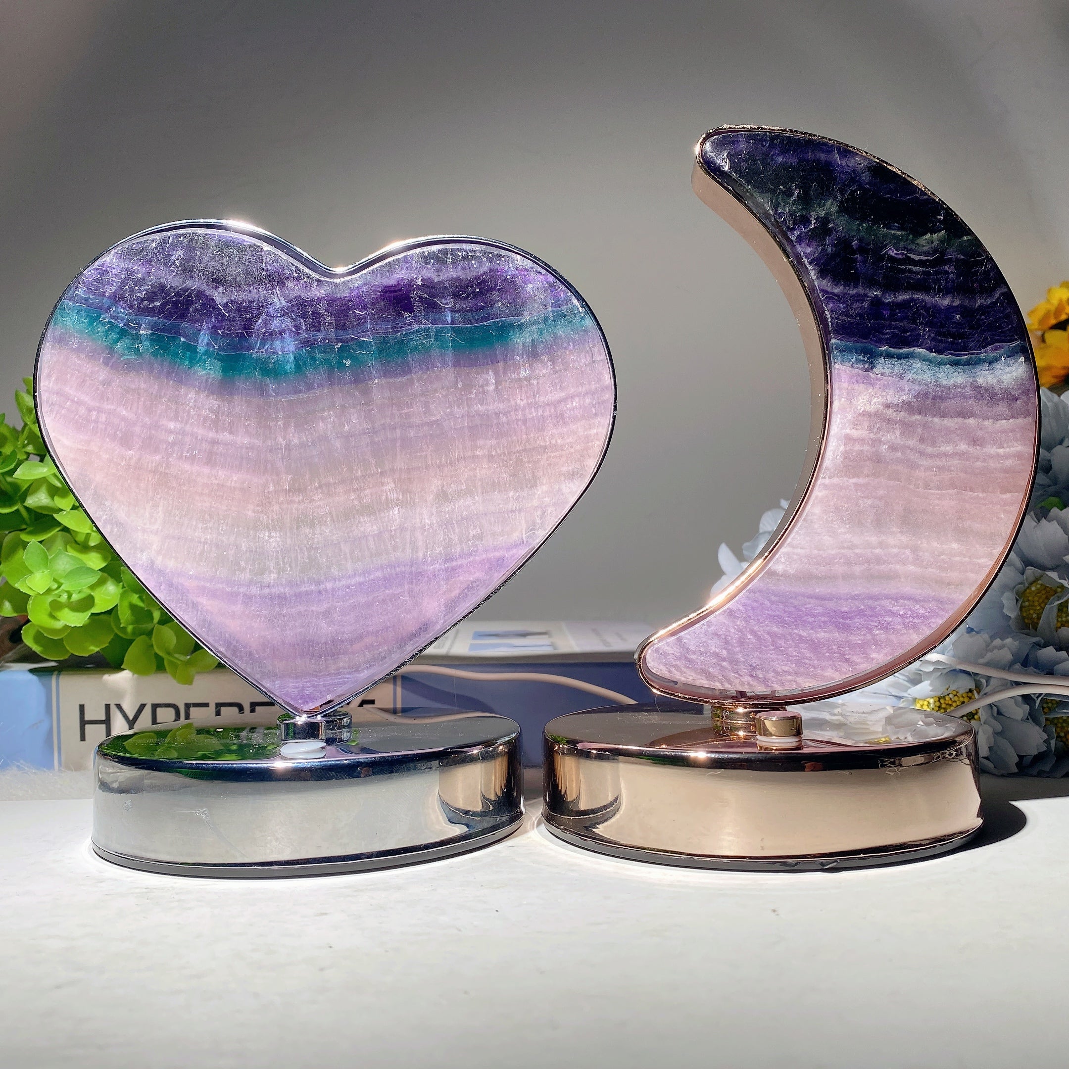 Moss Agate & Fluorite Heart Moon Crystal Lamps USB Touch Light