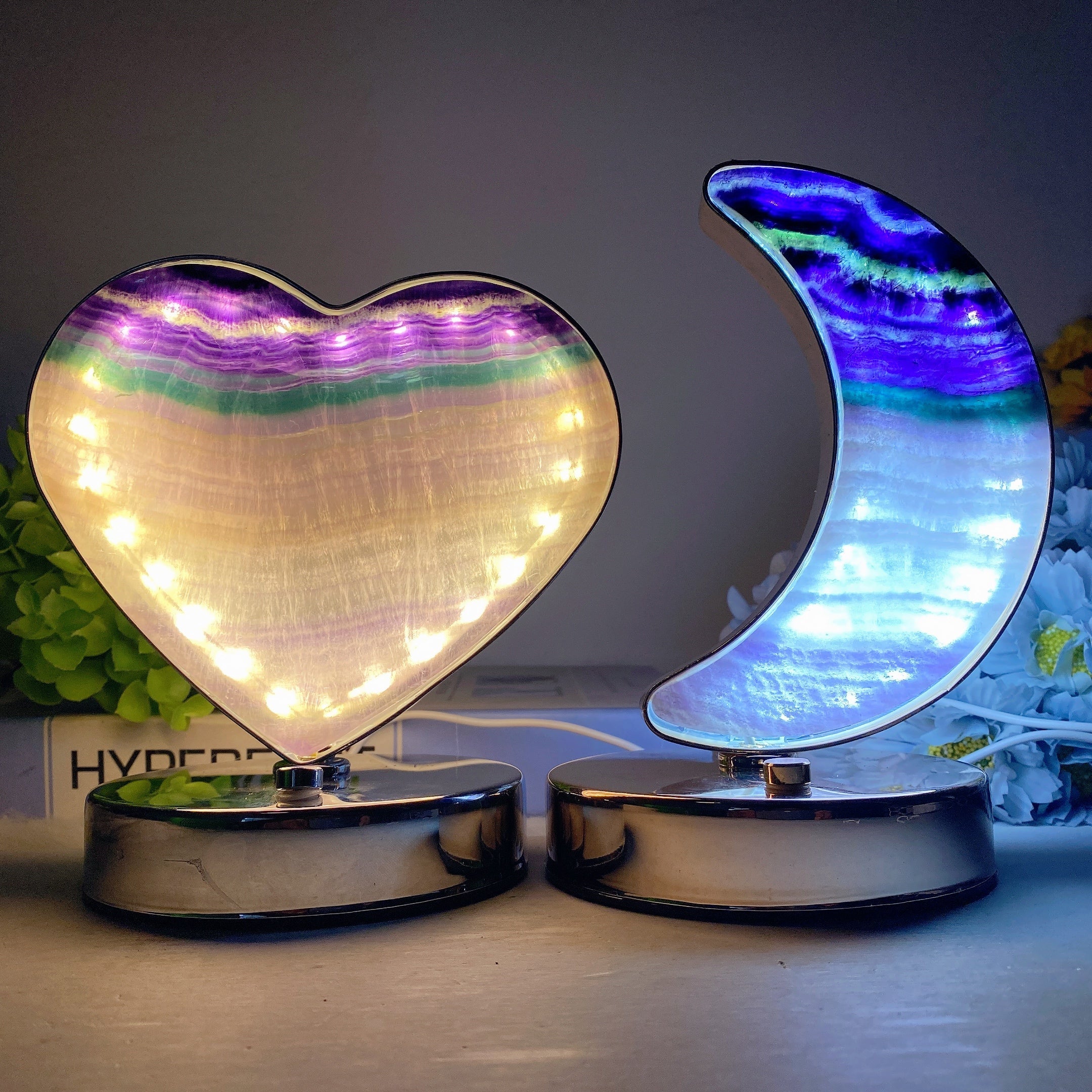Moss Agate & Fluorite Heart Moon Crystal Lamps USB Touch Light