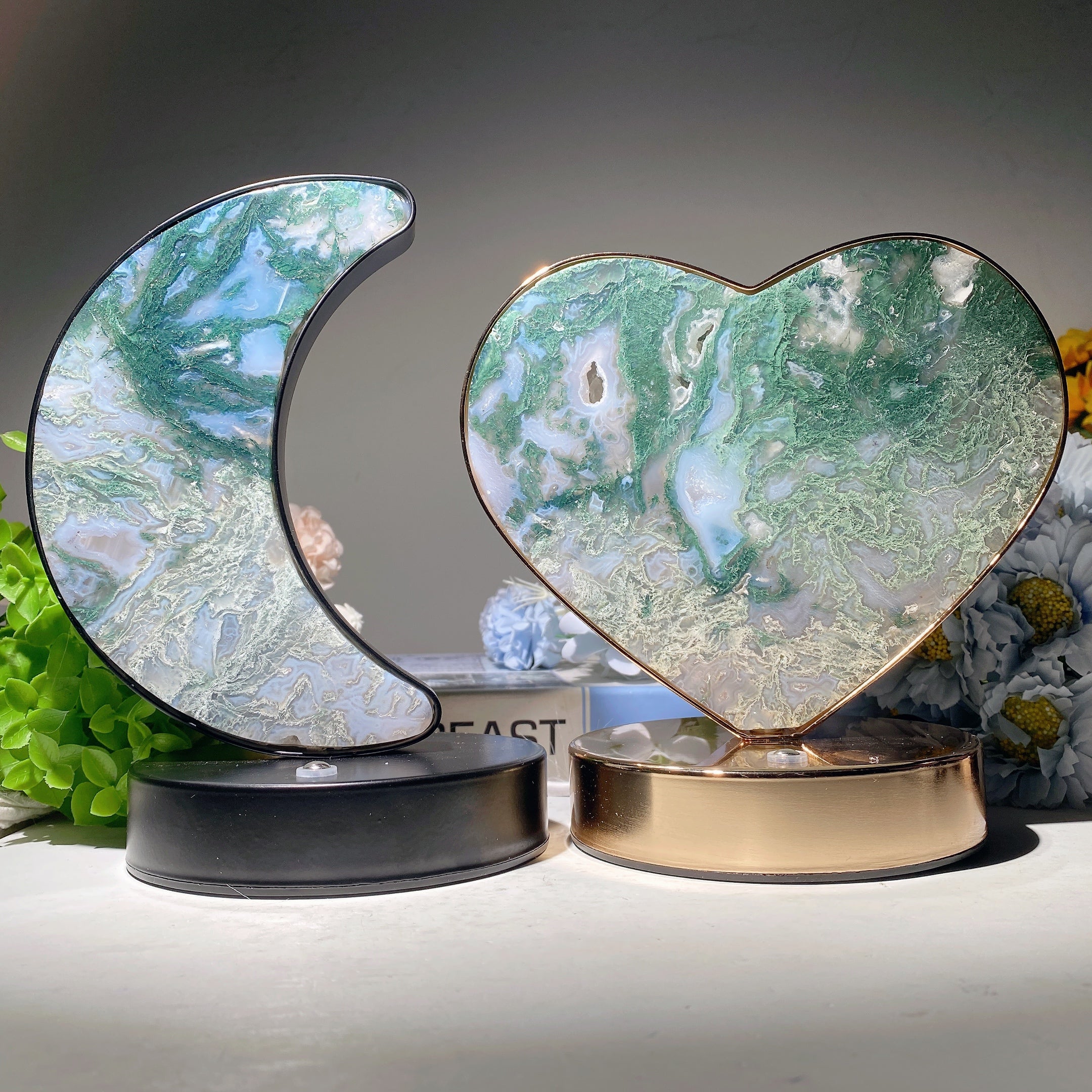 Moss Agate & Fluorite Heart Moon Crystal Lamps USB Touch Light