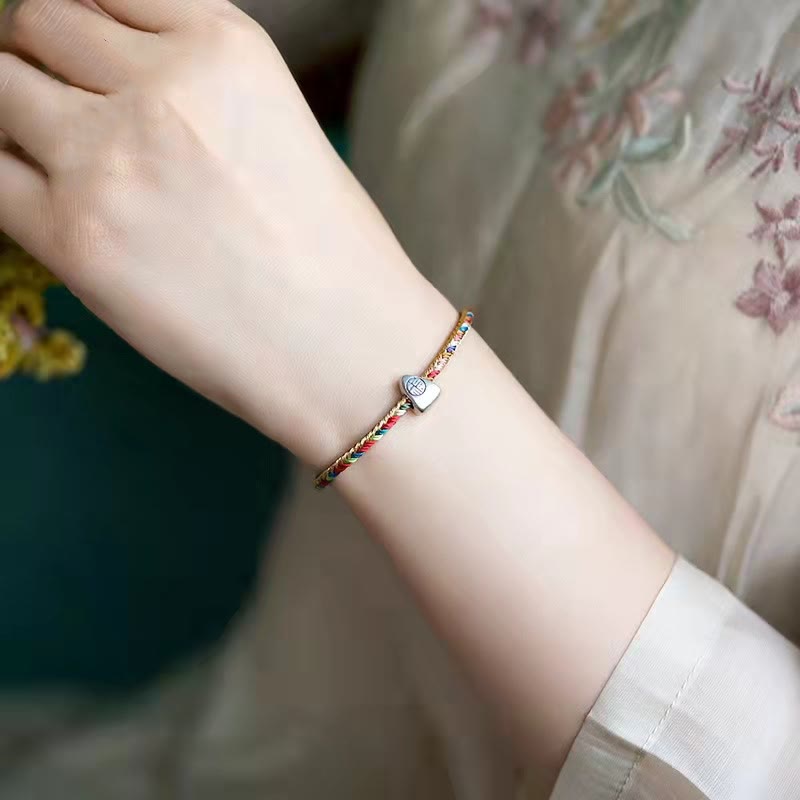 Mehrfarbiges Fu-Zeichen, rote Schnur, geflochtenes Armband, 925er Silber