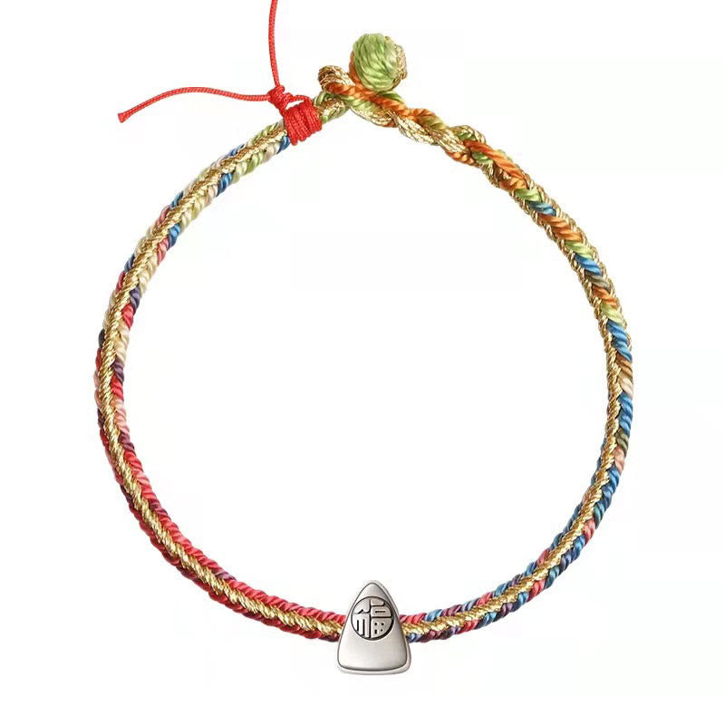 Mehrfarbiges Fu-Zeichen, rote Schnur, geflochtenes Armband, 925er Silber