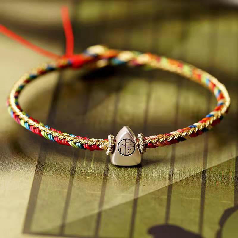 Mehrfarbiges Fu-Zeichen, rote Schnur, geflochtenes Armband, 925er Silber
