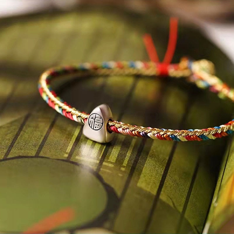 Mehrfarbiges Fu-Zeichen, rote Schnur, geflochtenes Armband, 925er Silber