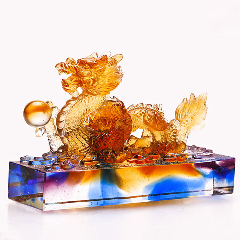 Mehrfarbige Liuli Chinesische Drachenstatue 6,3 Zoll Feng Shui Stück
