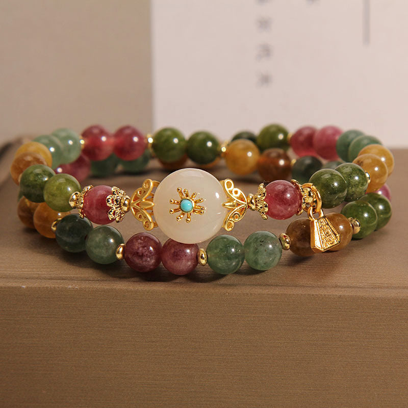 Mehrfarbiges Turmalin-Jade-Blumen-Doppelwickelarmband