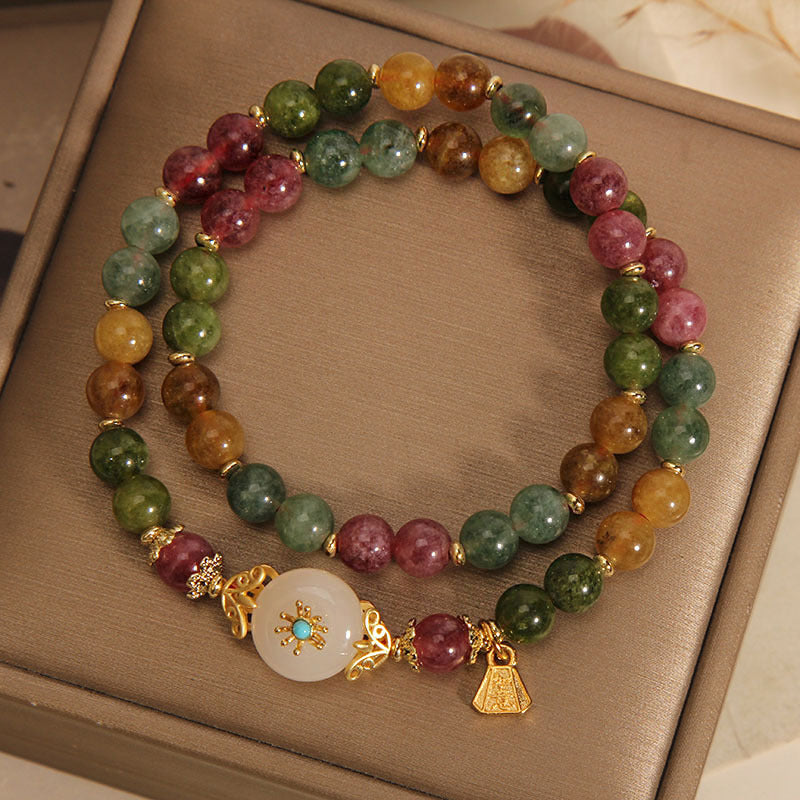 Mehrfarbiges Turmalin-Jade-Blumen-Doppelwickelarmband