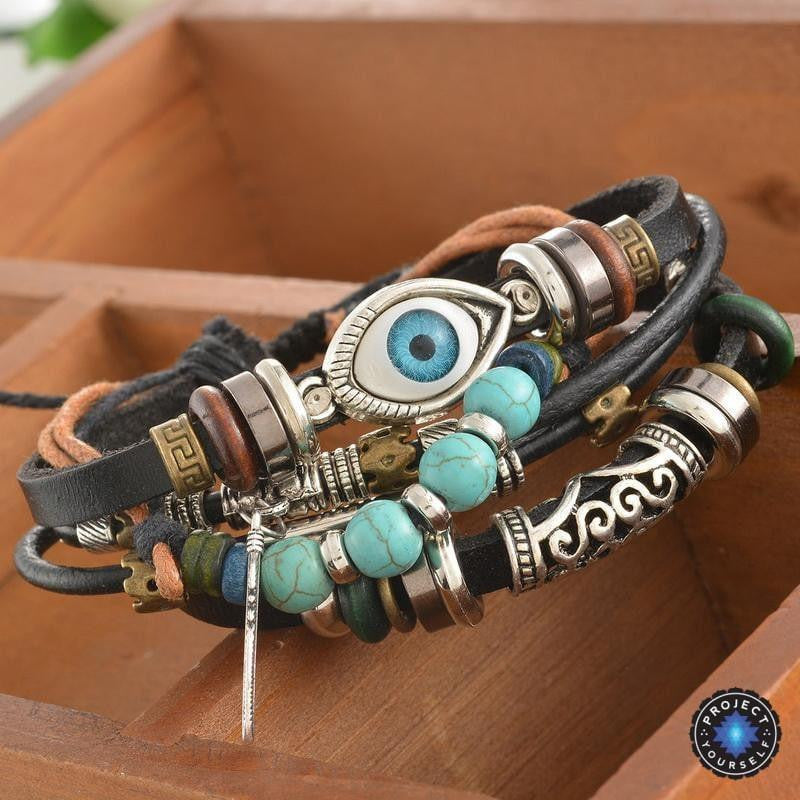Mehrschichtiges spirituelles Lederarmband - verstellbar und Unisex 