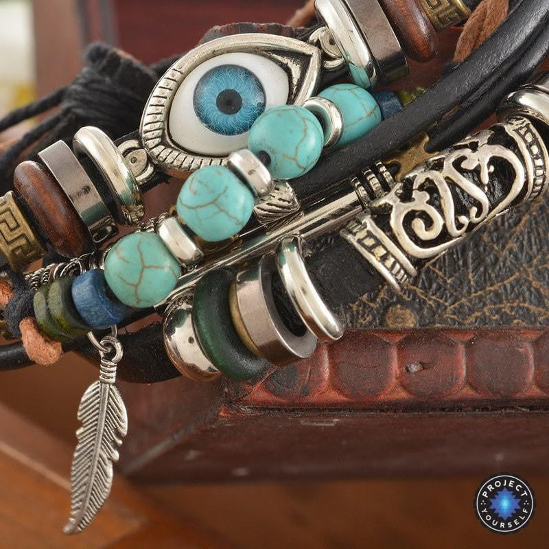 Mehrschichtiges spirituelles Lederarmband - verstellbar und Unisex 