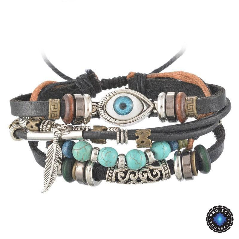 Mehrschichtiges spirituelles Lederarmband - verstellbar und Unisex 