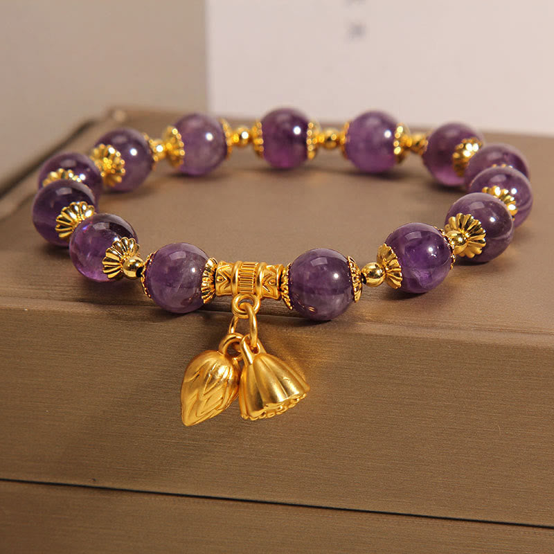 Natürliches Amethyst-Heilarmband mit Lotus für spirituelles Gleichgewicht