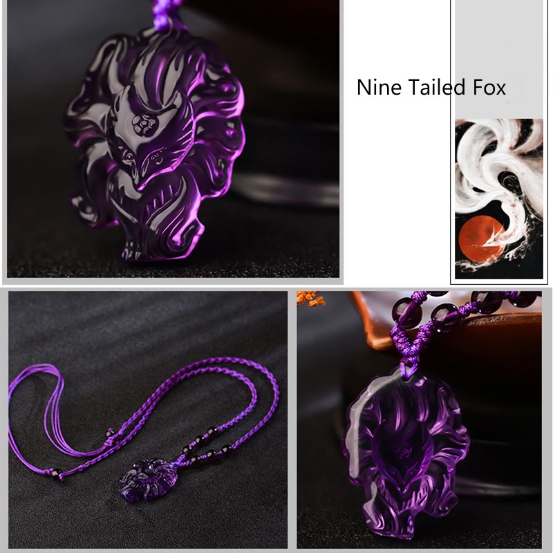 Natürliche Amethyst-Halskette mit neunschwänzigem Fuchs