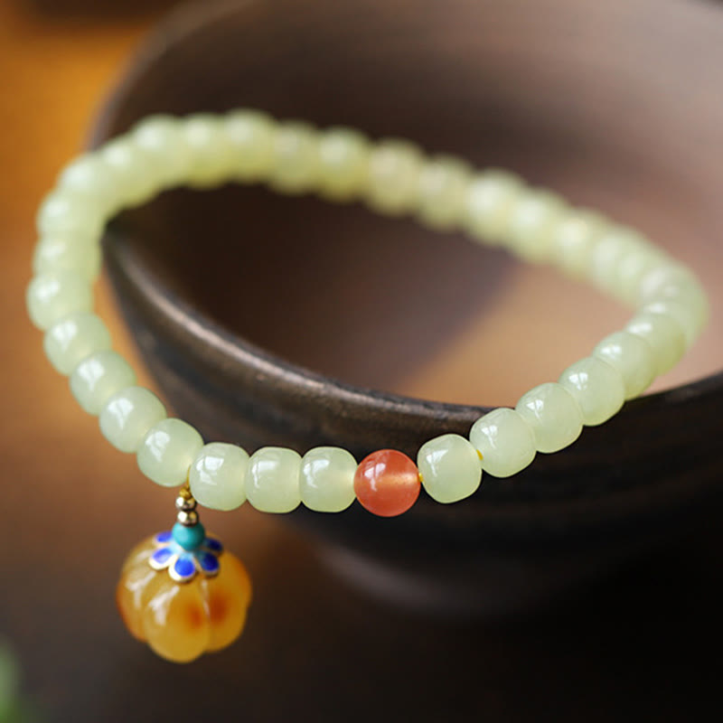 Natürliches Hetian Jade Wohlstandsarmband mit Bernstein und rotem Achat
