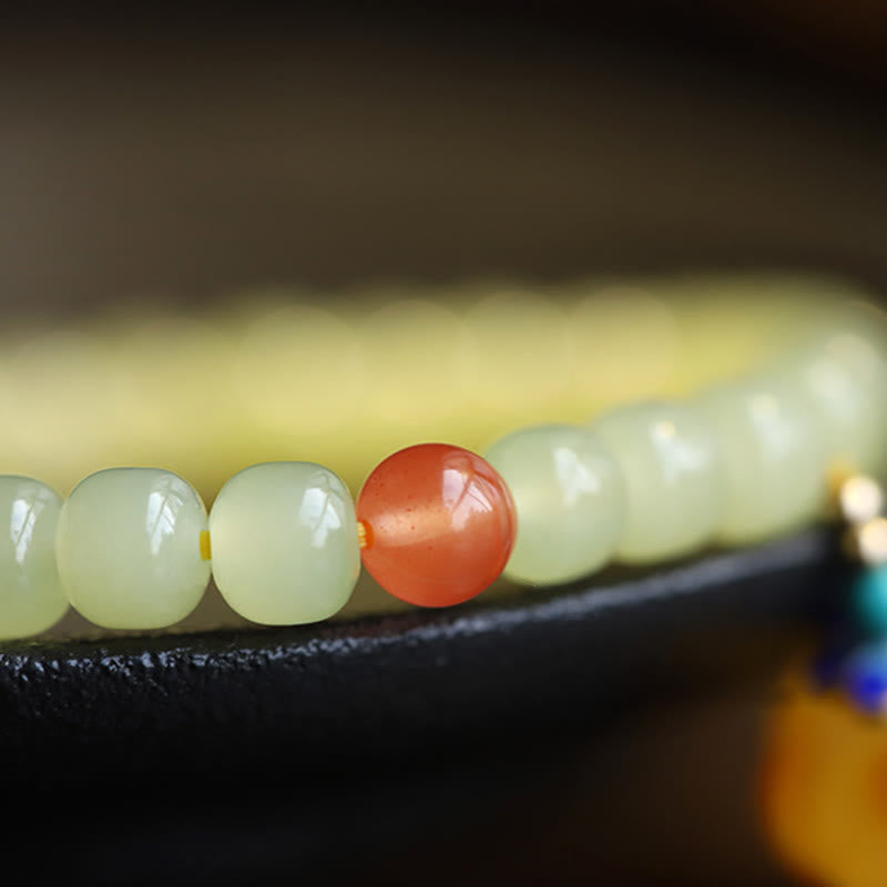 Natürliches Hetian Jade Wohlstandsarmband mit Bernstein und rotem Achat