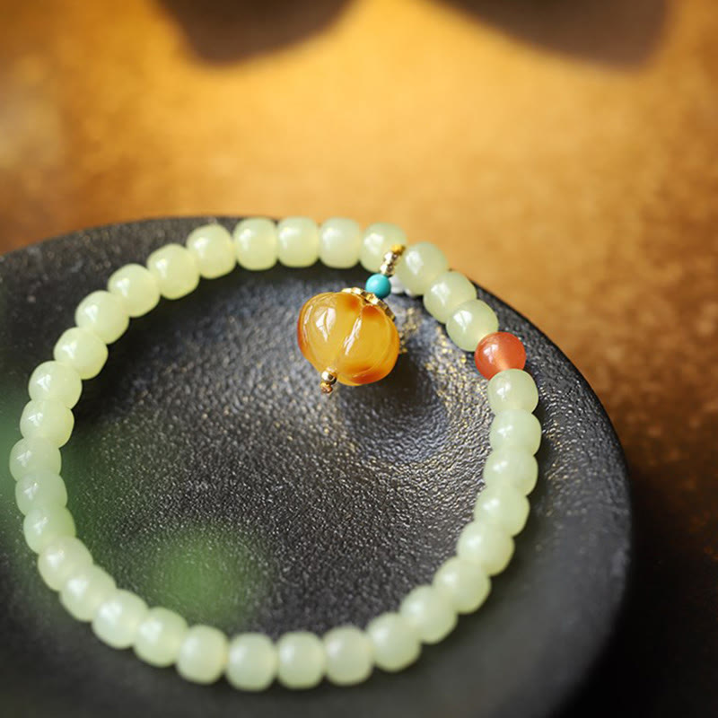 Natürliches Hetian Jade Wohlstandsarmband mit Bernstein und rotem Achat