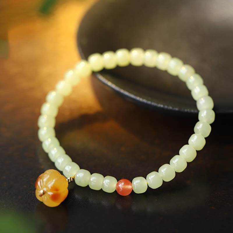 Natürliches Hetian Jade Wohlstandsarmband mit Bernstein und rotem Achat