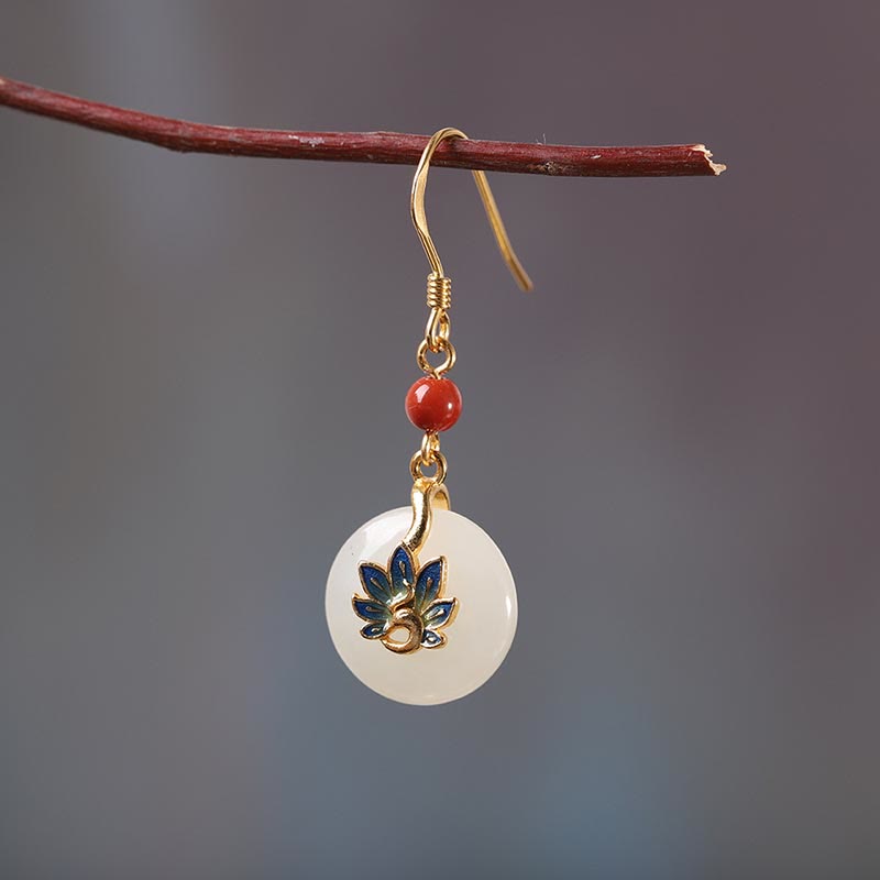 Schmuckset aus natürlicher Hetian-Weiß-Jade mit Segenspfau aus Sterlingsilber