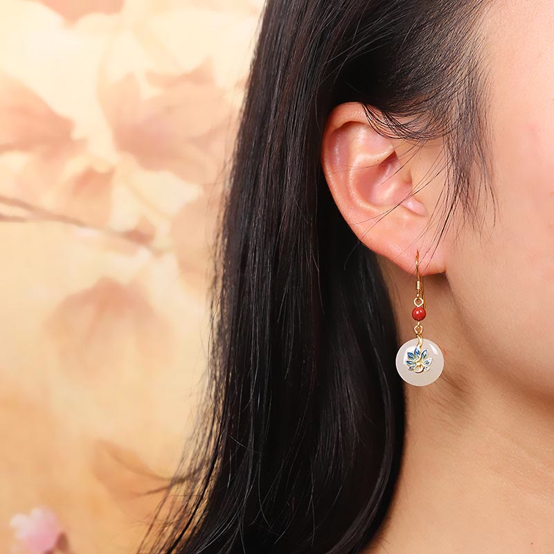 Schmuckset aus natürlicher Hetian-Weiß-Jade mit Segenspfau aus Sterlingsilber