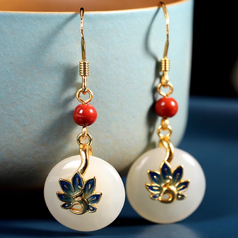 Schmuckset aus natürlicher Hetian-Weiß-Jade mit Segenspfau aus Sterlingsilber