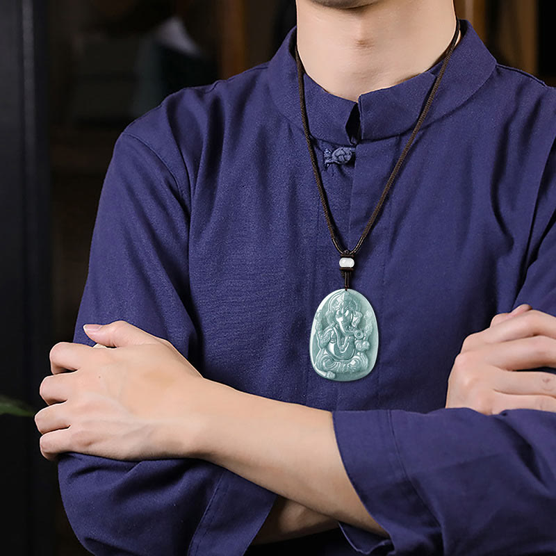 Natürliche Jade Ganesh Schutzkette | Elefanten-Amulett
