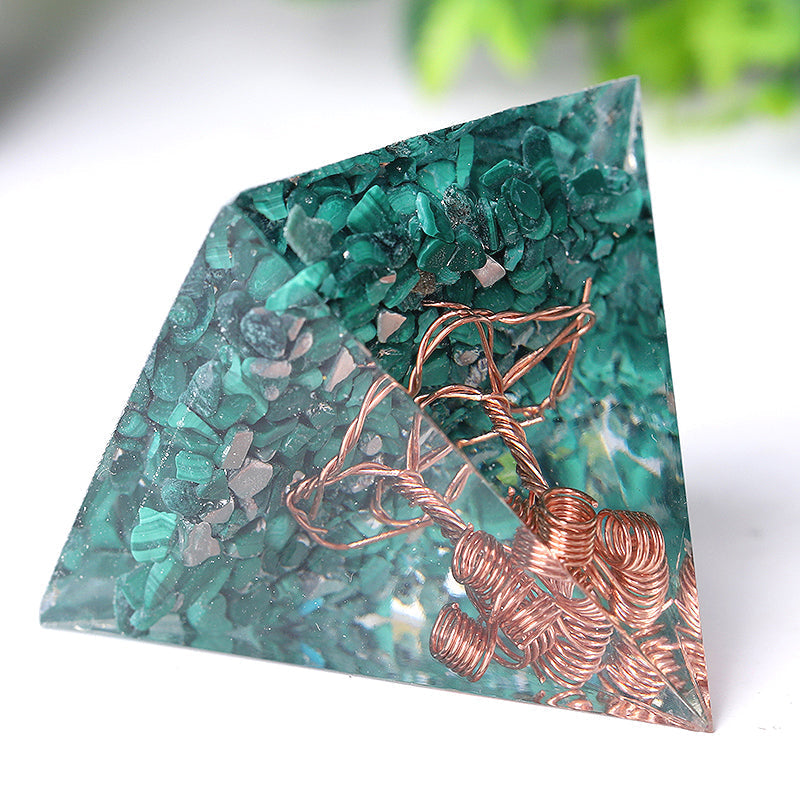 Natural Malachite Tree of Life Resin Pyramid Crystal Healing Sculpture