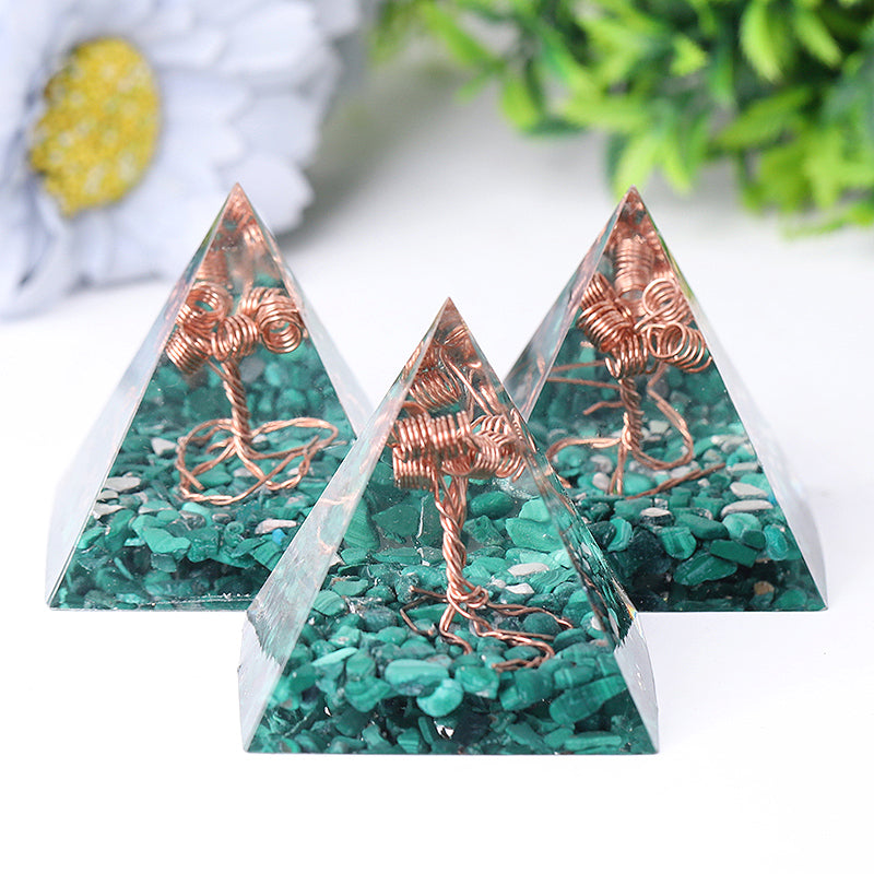 Natural Malachite Tree of Life Resin Pyramid Crystal Healing Sculpture
