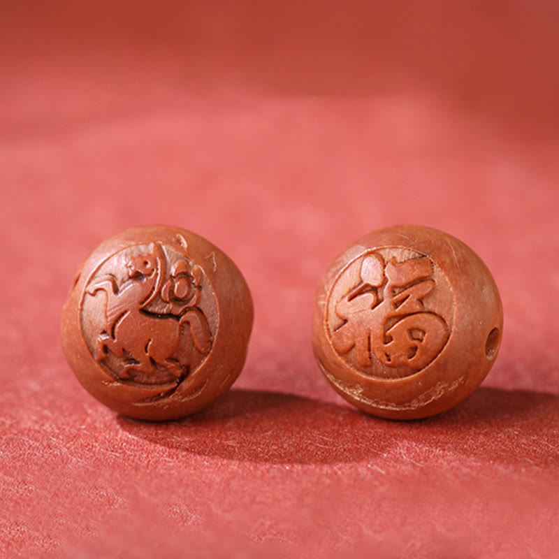 Natürliches Pfirsichholz Chinesisches Sternzeichen Fu Zinnober Reichtum Armband