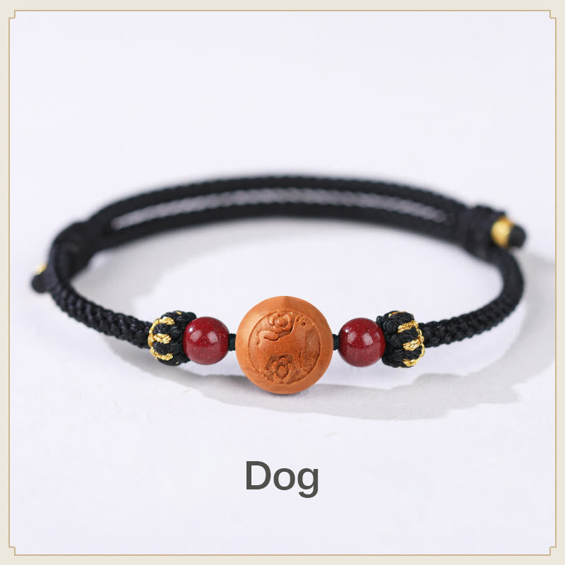 Natürliches Pfirsichholz Chinesisches Sternzeichen Fu Zinnober Reichtum Armband