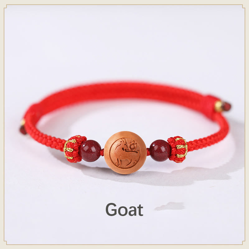 Natürliches Pfirsichholz Chinesisches Sternzeichen Fu Zinnober Reichtum Armband