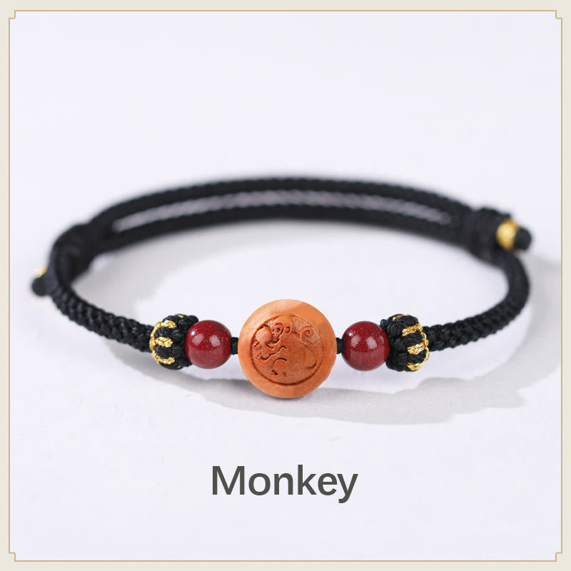 Natürliches Pfirsichholz Chinesisches Sternzeichen Fu Zinnober Reichtum Armband