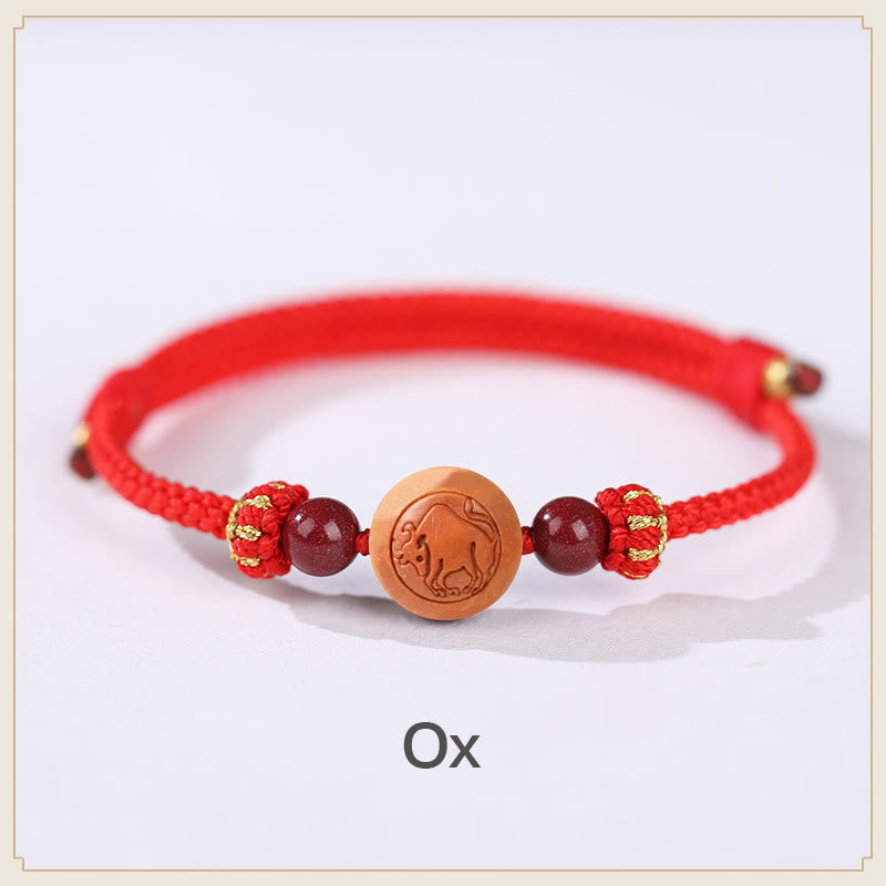 Natürliches Pfirsichholz Chinesisches Sternzeichen Fu Zinnober Reichtum Armband