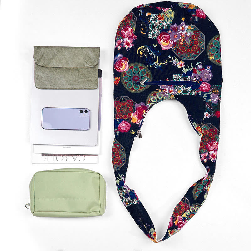 Marineblaue Umhängetasche aus Baumwolle mit Blumenmuster