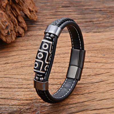 Neun-Augen-Dzi-Perlen-Achat-Armband mit verstellbarer Lederschnalle