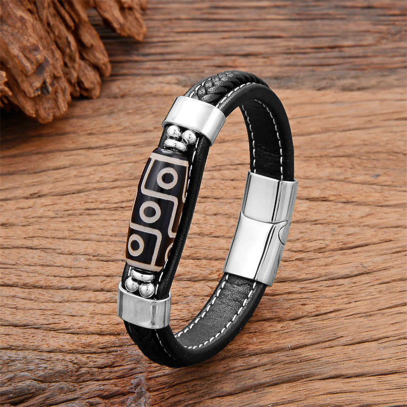 Neun-Augen-Dzi-Perlen-Achat-Armband mit verstellbarer Lederschnalle
