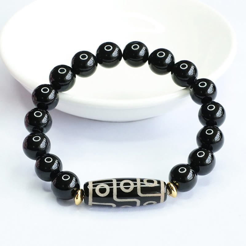 Neun-Augen-Dzi-Perlen-Armband aus schwarzem Onyx und Obsidian zum Schutz
