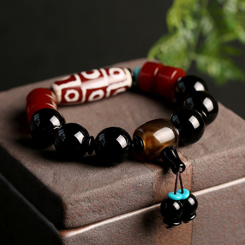 Neun-Augen-Dzi-Perle &amp; schwarzes Onyx-Obsidian-Armband zum Schutz