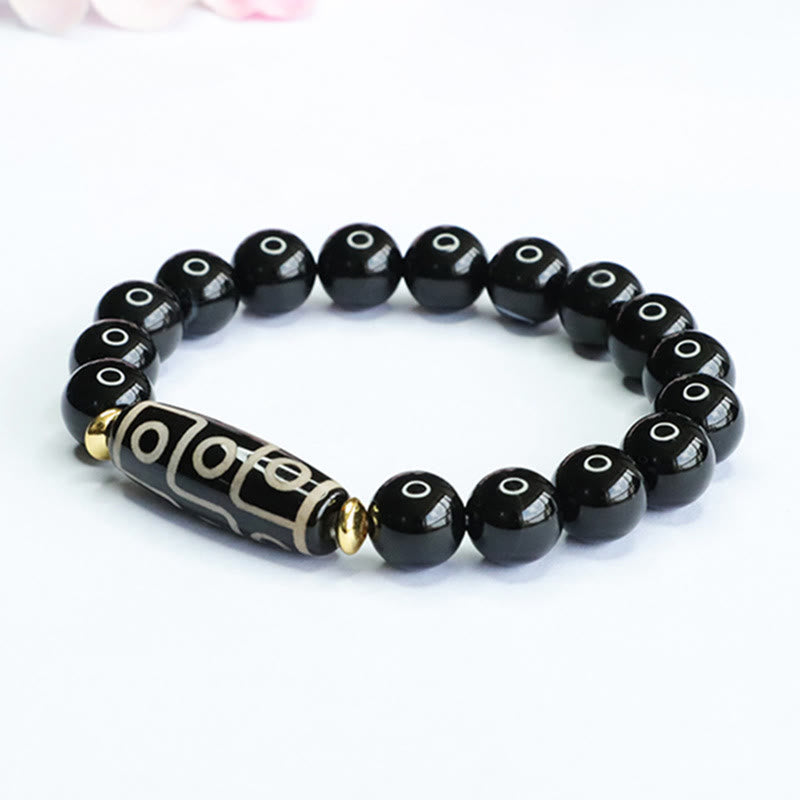 Neun-Augen-Dzi-Perlen-Armband aus schwarzem Onyx und Obsidian zum Schutz
