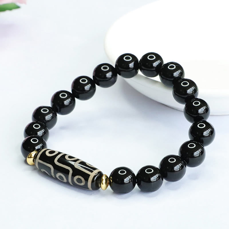 Neun-Augen-Dzi-Perlen-Armband aus schwarzem Onyx und Obsidian zum Schutz