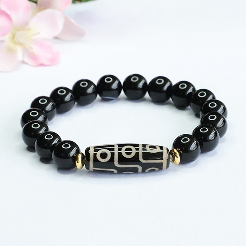 Neun-Augen-Dzi-Perlen-Armband aus schwarzem Onyx und Obsidian zum Schutz