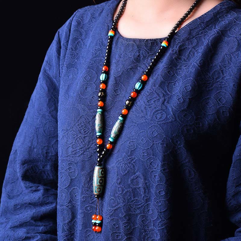 Neunäugige Dzi-Perlen-Drachen-Schutzhalskette 50 cm