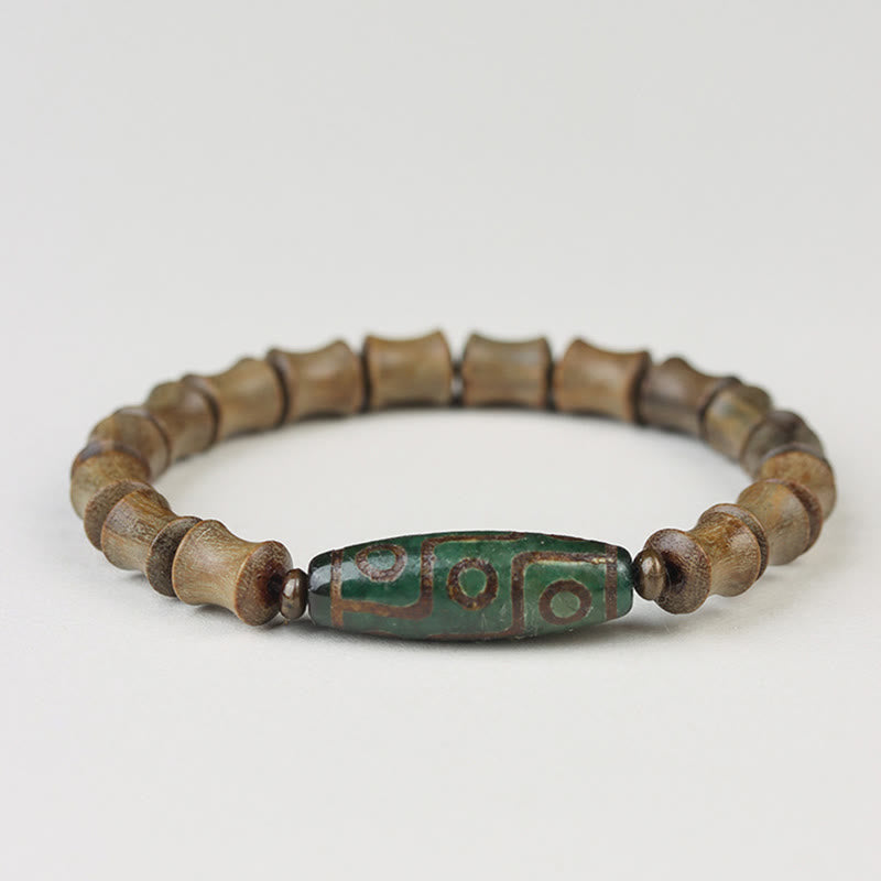 Neun-Augen-Dzi-Perle, grünes Sandelholz, spirituelles Armband, 14–16 cm