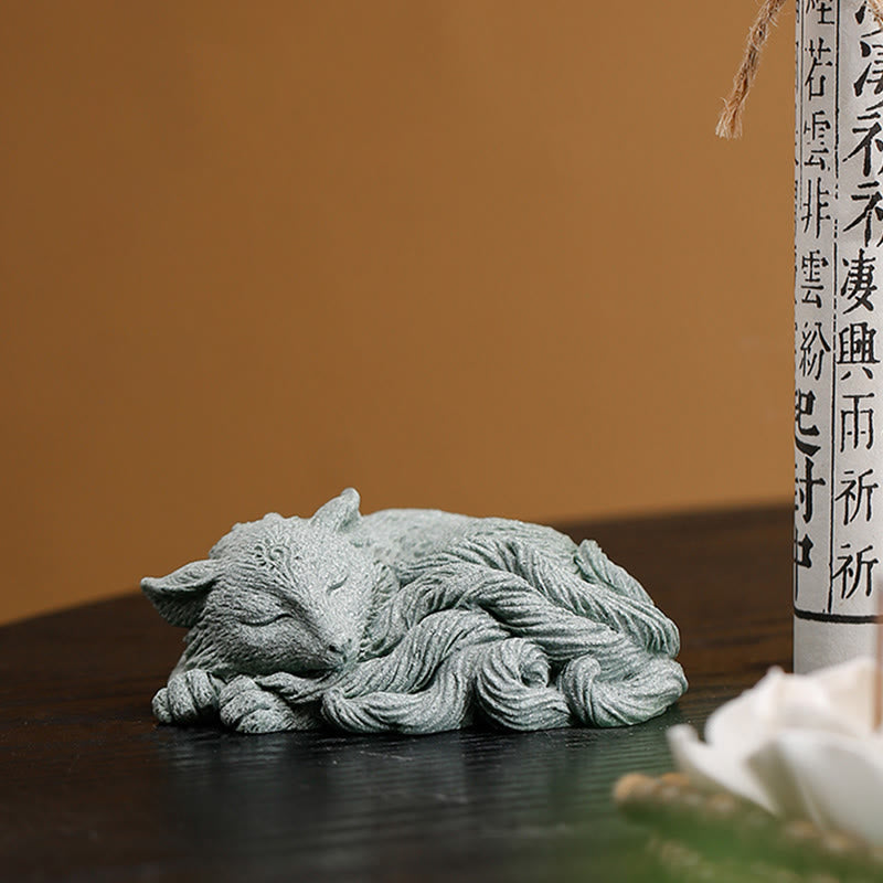 Neunschwänzige Fuchs-Sandstein-Figur für Heim-Zen-Dekoration, 10 cm
