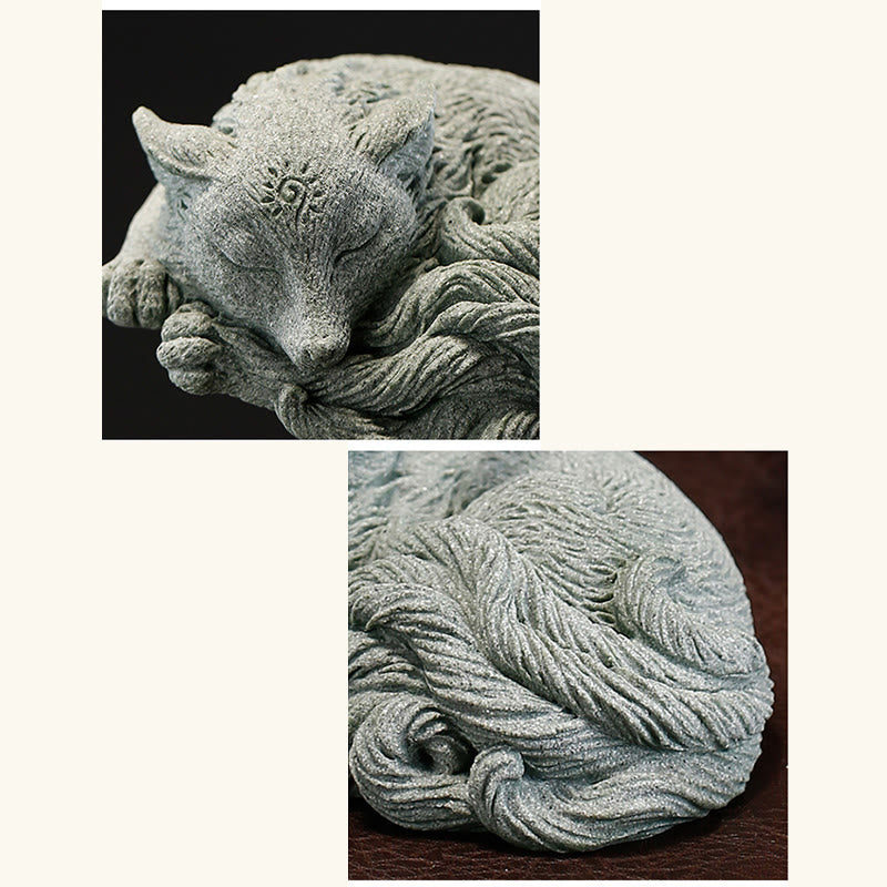 Neunschwänzige Fuchs-Sandstein-Figur für Heim-Zen-Dekoration, 10 cm