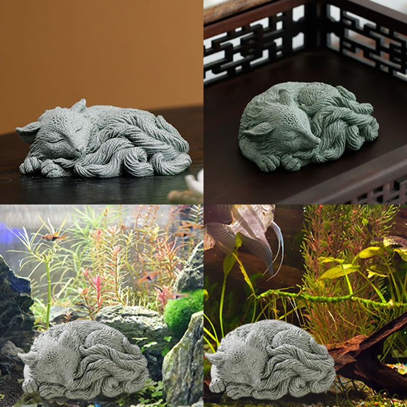 Neunschwänzige Fuchs-Sandstein-Figur für Heim-Zen-Dekoration, 10 cm