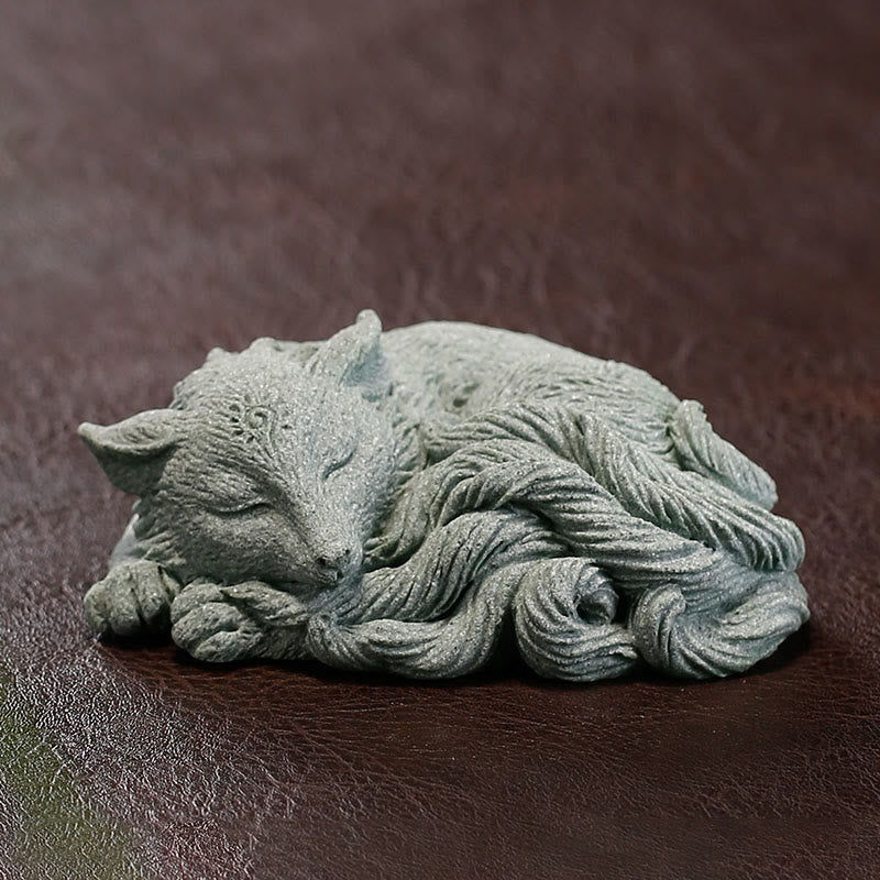 Neunschwänzige Fuchs-Sandstein-Figur für Heim-Zen-Dekoration, 10 cm