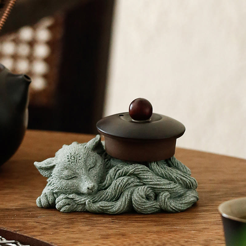 Neunschwänzige Fuchs-Sandstein-Figur für Heim-Zen-Dekoration, 10 cm